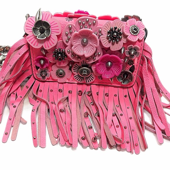 Coach Handbags - Coach Wild Tea Rose 1941 Fringe Pink Leather Crossbody Kisslock Floral Studded